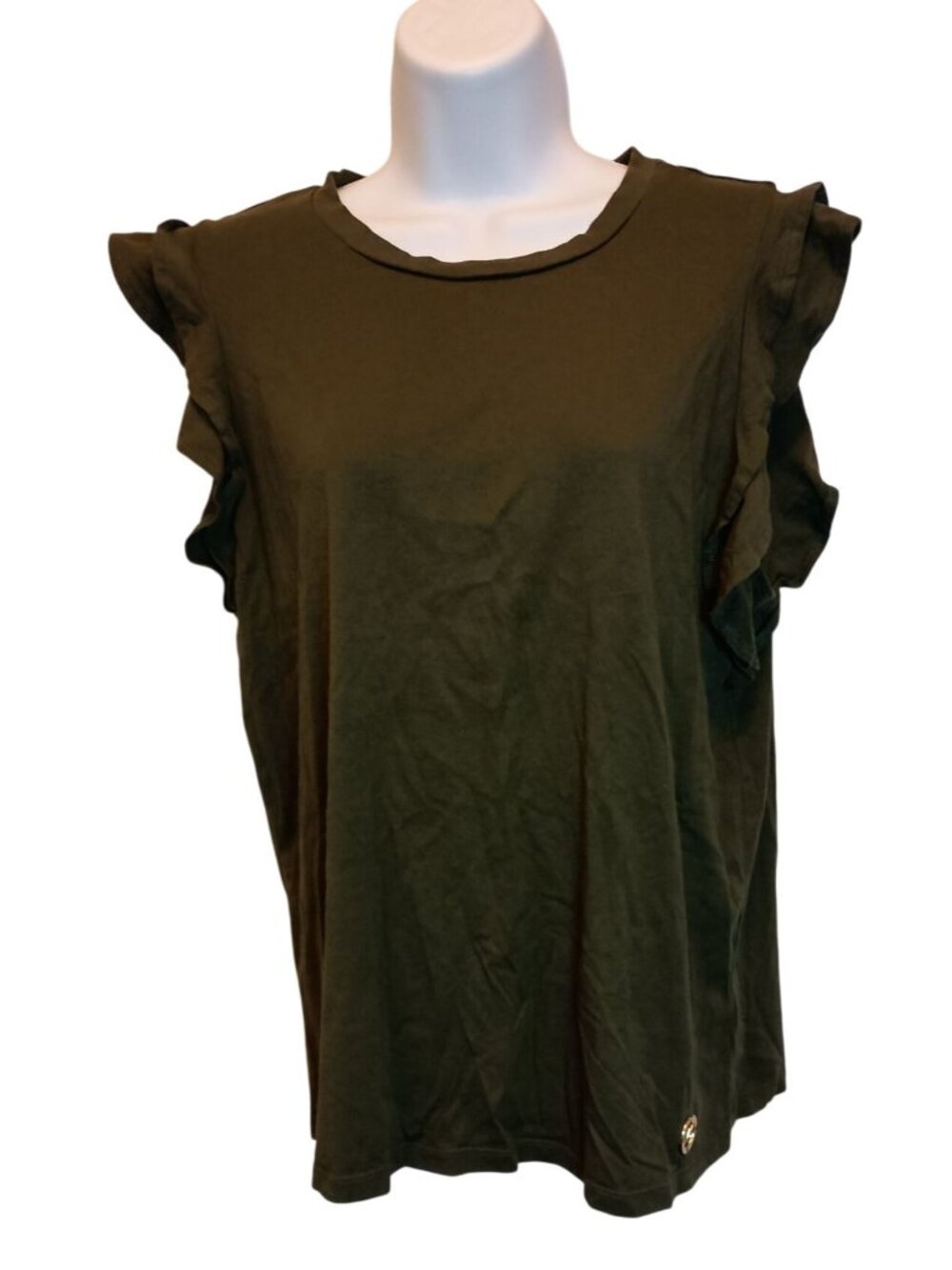 Michael Kors Green Ruffle Sleeveless Blouse Top/Shirt MK Gold Logo Women's Sz.L